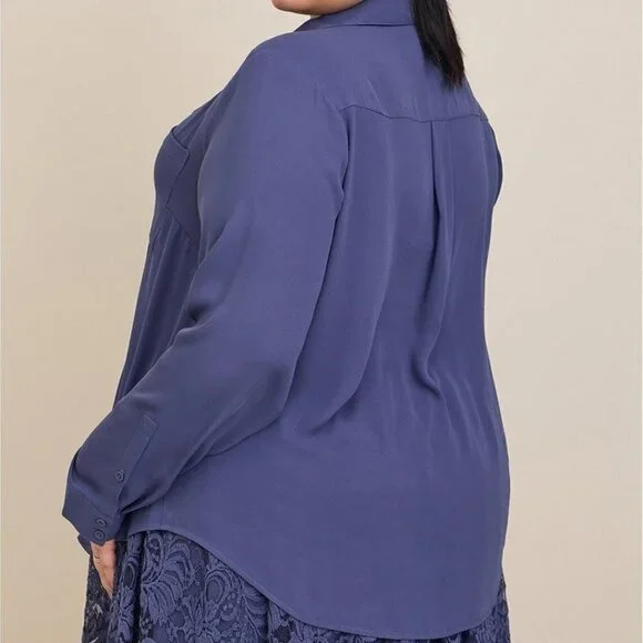 Torrid - Lizzie Georgette Button-Up Long Sleeve Shirt in Crown Blue Roebuck Blue - Picture 12 of 13